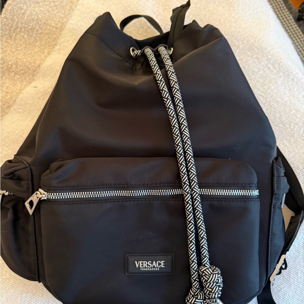 Versace Black Nylon Backpack with Patterned Drawstring